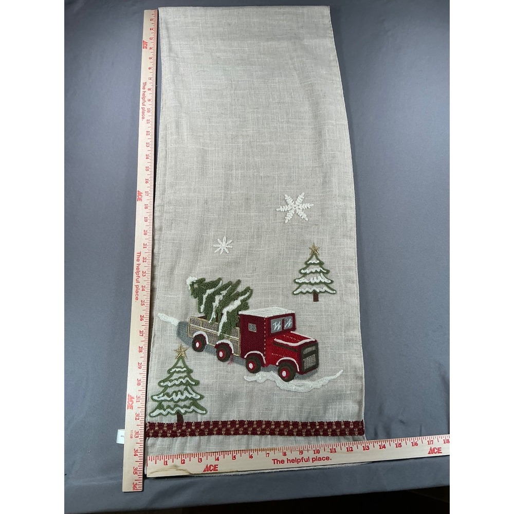 Domain Christmas Table Runner Red Truck Pine Tree Embroidered Linen Blend 13x70 - Picture 3 of 3